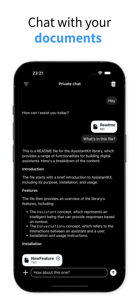 Enclave - Local AI Assistant - Private chat interface of the Enclave app showing an AI summarizing an uploaded Readme document on an iPhone