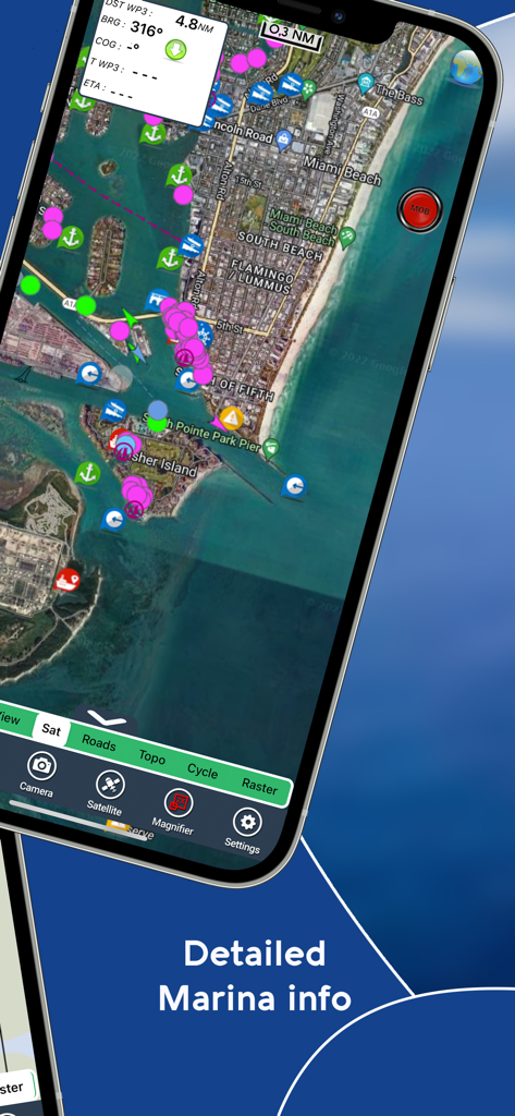 AIS Maps: Marine & Lake charts - スマートフォン画面。AIS Mapsアプリにマイアミビーチの衛星ビューとさまざまな海洋ナビゲーションアイコンが表示されています。
