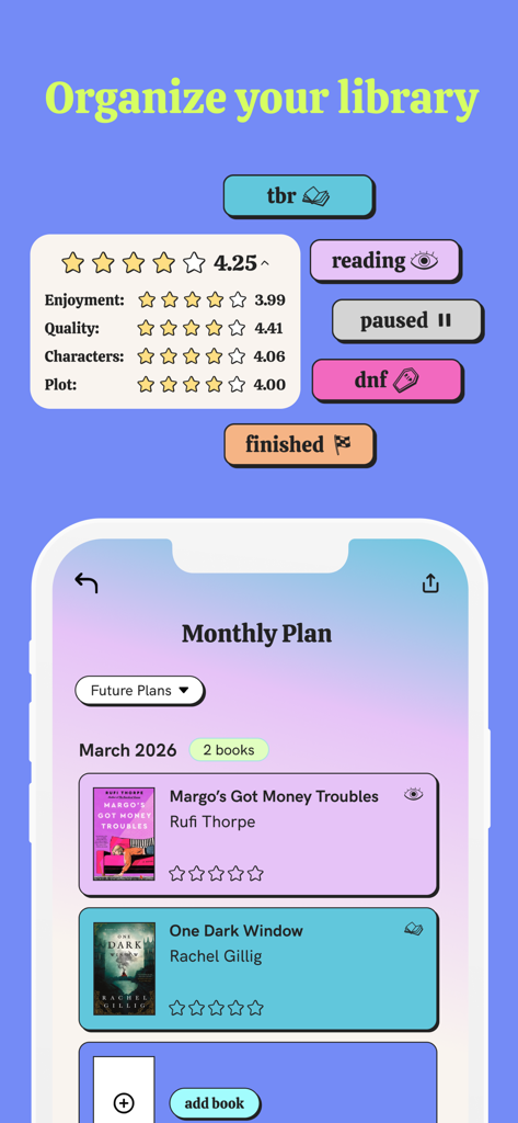 A mobile interface for the Pagebound app showing library organization tools including book statuses, detailed star ratings for plot and characters, and a monthly reading plan.