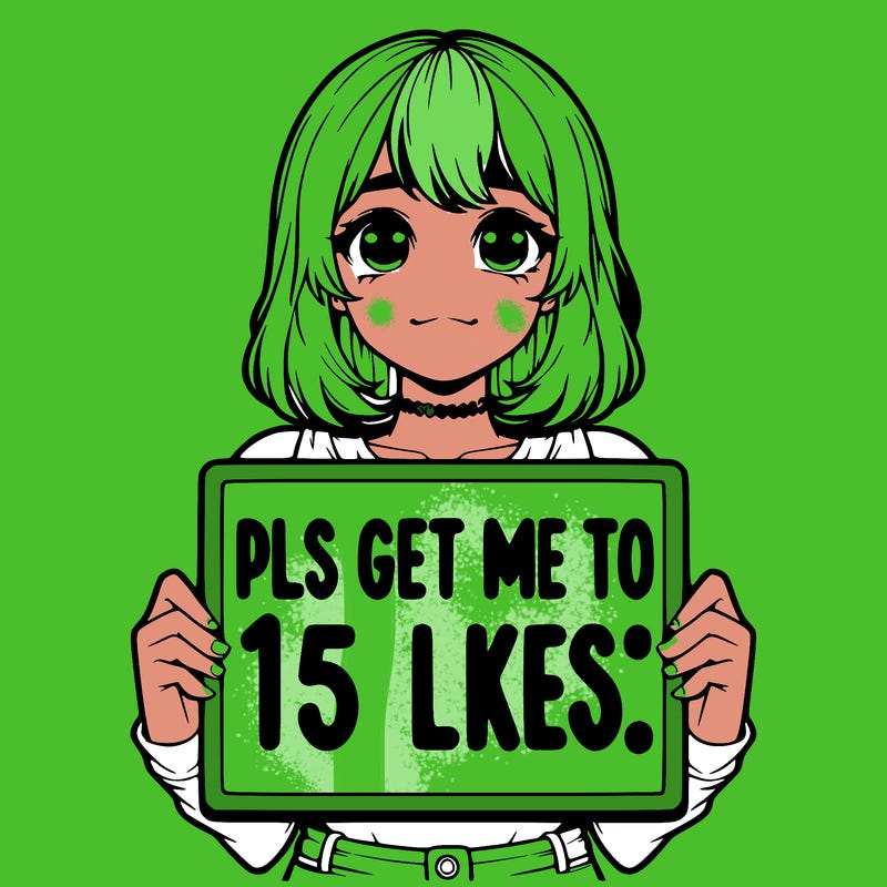 realistic girl holding up a sign that says “pls get me to 15 likes!”