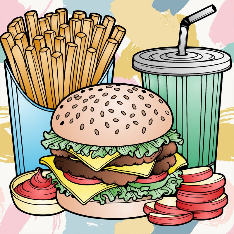 cheeseburger and french fries with drinks