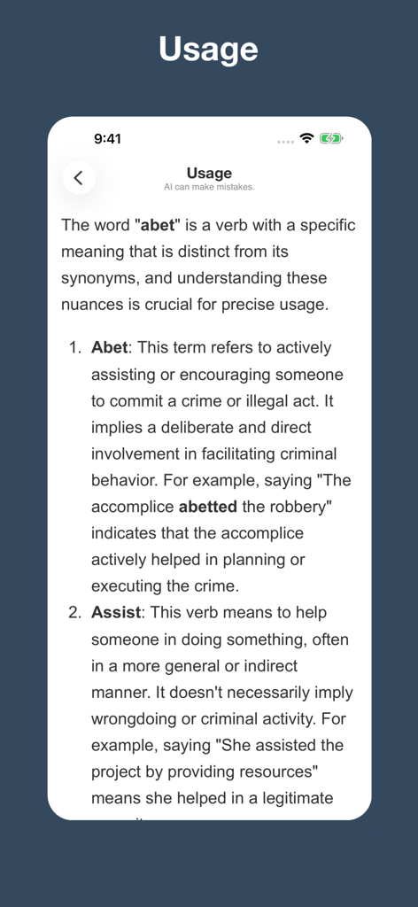 English Synonym Finder - Benutzeroberfläche der Englischen Synonym-Finder-App, die detaillierte Wortverwendung und Nuancen für Synonyme anzeigt.