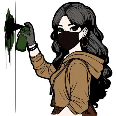 realistic girl with mask spray painting a wall