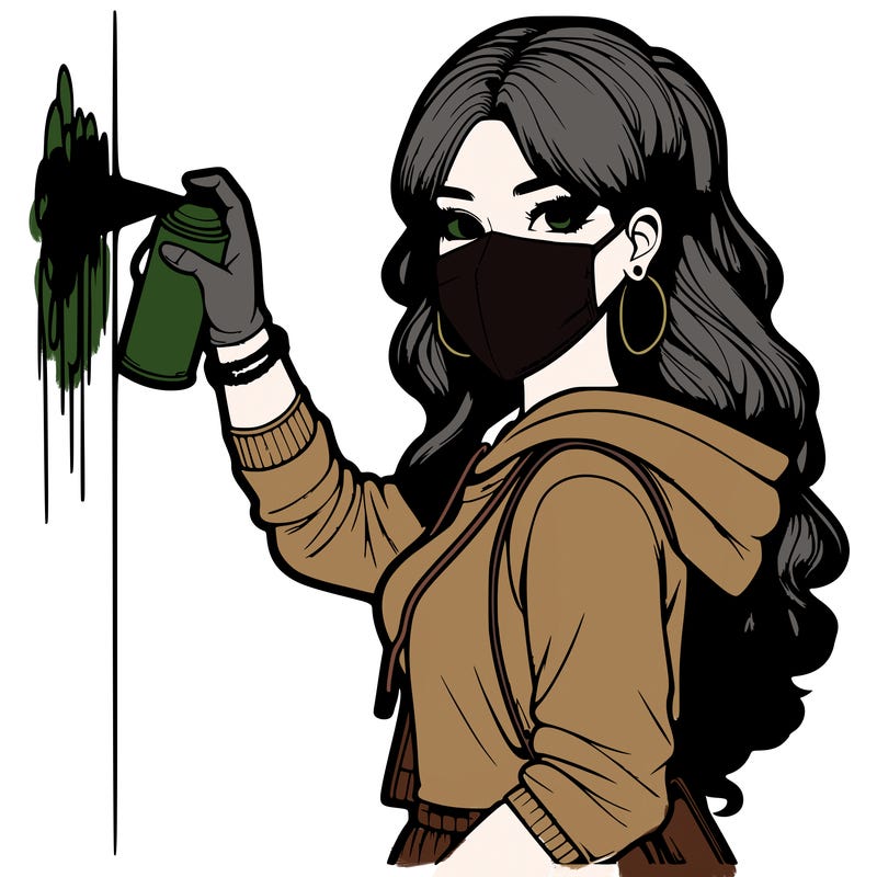 realistic girl with mask spray painting a wall