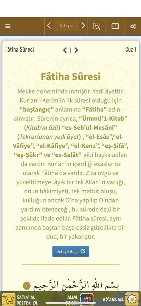 Read the Quran, Listen, Learn - Mobile app interface showing the introduction and detailed description of Surah Fatiha in Turkish.