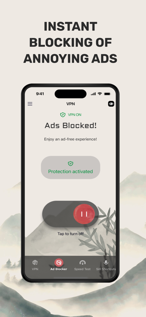 See VPN — for LV - Interfaz de la aplicación See VPN que muestra la protección activa contra bloqueadores de anuncios en un iPhone
