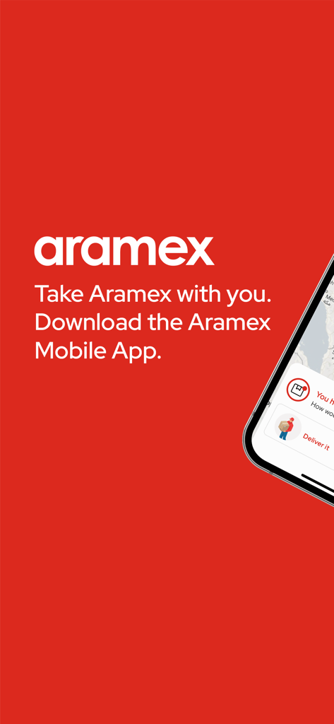Aramex ارامكس - Aramex-App-Promo-Bildschirm mit Markenlogo und Aufforderung zum App-Download auf rotem Hintergrund