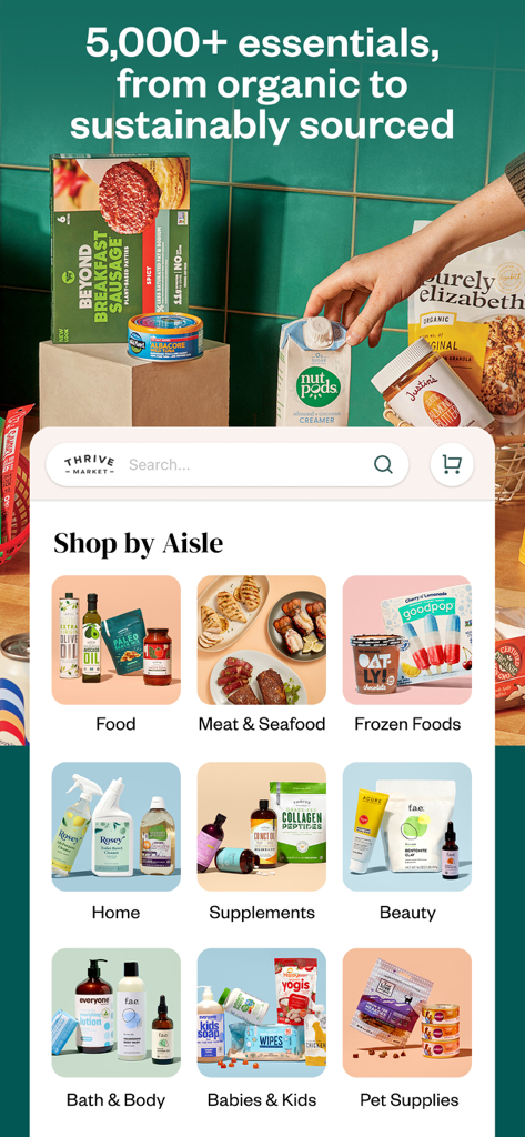 Thrive Market mobile app interface showing various shopping aisles including organic food meat beauty and supplements