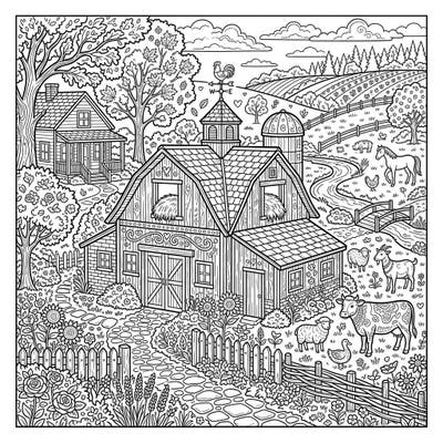 Step into a whimsical world with this intricate adult coloring page featuring charming rustic barns and a delightful cottagecore farm scene. Discover a peaceful escape filled with adorable farm animals and lush natural beauty, perfect for hours of relaxing artistic expression.