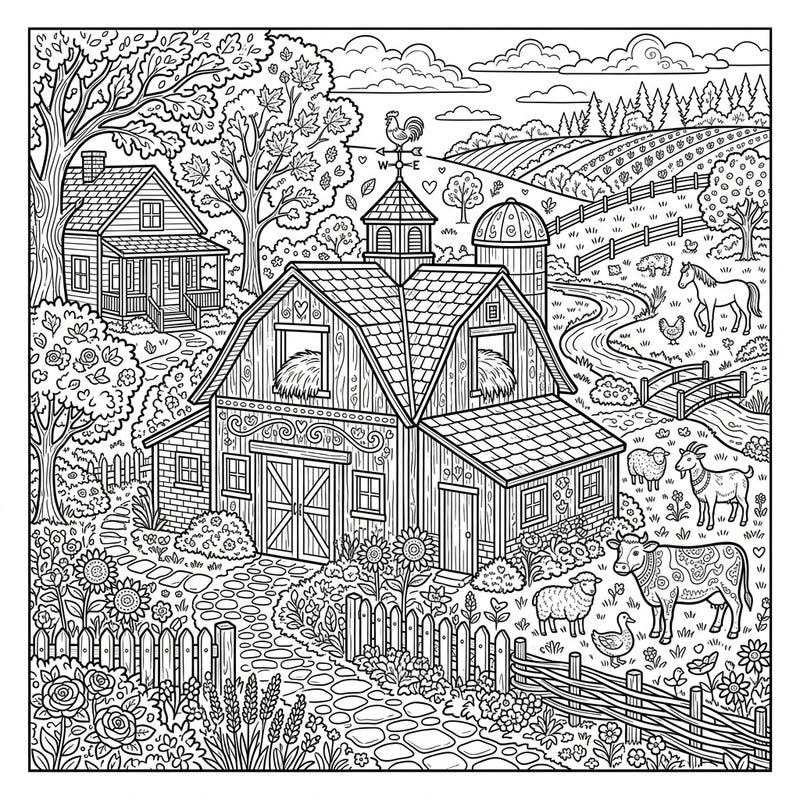 Step into a whimsical world with this intricate adult coloring page featuring charming rustic barns and a delightful cottagecore farm scene. Discover a peaceful escape filled with adorable farm animals and lush natural beauty, perfect for hours of relaxing artistic expression.