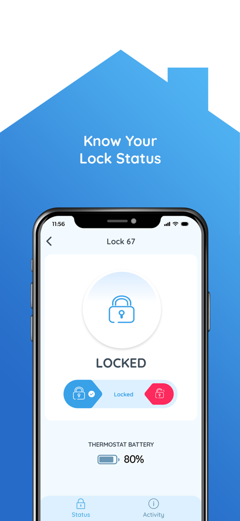 Rently Smart Home - Rently Smart Home app interface showing a smartphone screen with the status of a door lock as locked and thermostat battery at 80 percent