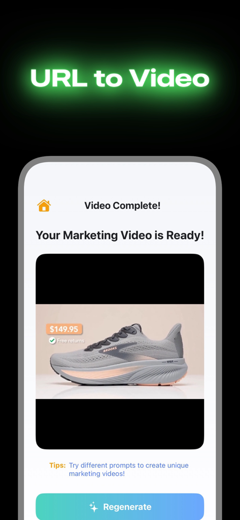 Creatify AI UGC Video Ad Maker - Interface do Creatify AI mostrando um vídeo de marketing para um tênis gerado a partir de um URL