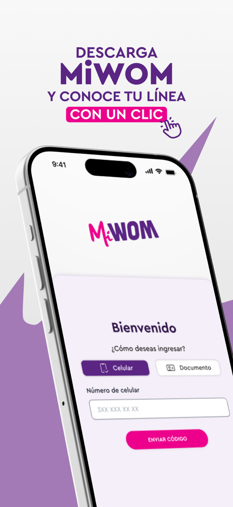 Mi WOM - Welcome screen of the Mi WOM app on a smartphone with a login field for mobile numbers.