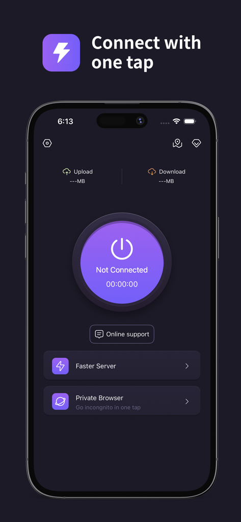 Octohide VPN 모바일 앱 인터페이스가 아이폰에서 다크 모드의 큰 원터치 연결 버튼을 특징으로 합니다.