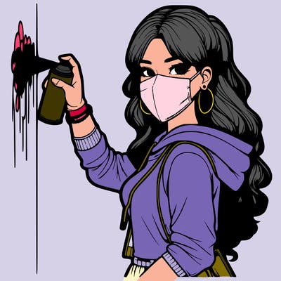 realistic girl with mask spray painting a wall