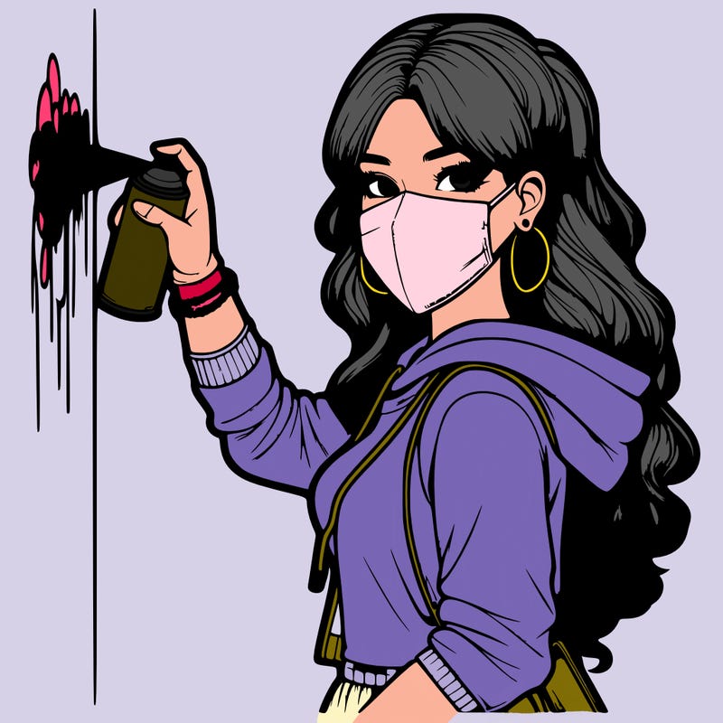 realistic girl with mask spray painting a wall