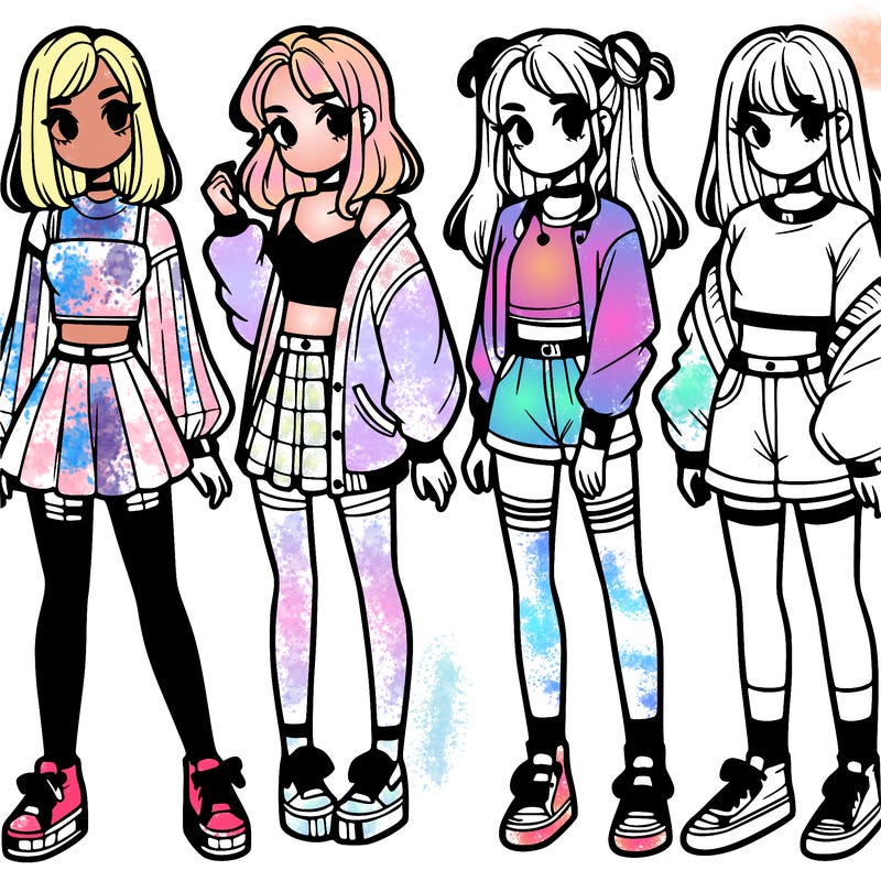 one girl with crop-top shirt and a jacket with a skirt, long socks and another girl with a shirt and pants with a jacket