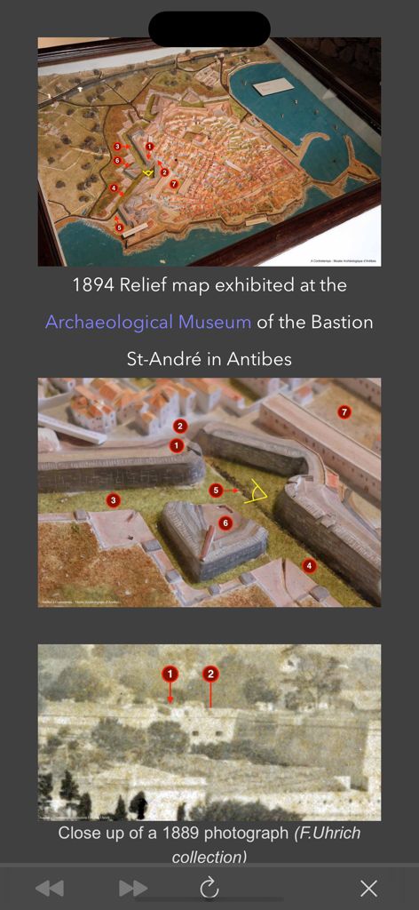 Antibes back in time - Mappa in rilievo storica del 1894 e fotografia del 1889 di Antibes con indicatori di posizione