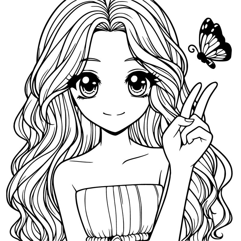cute semi realistic teenage girl with long, wavy hair with a butterfly on her finger