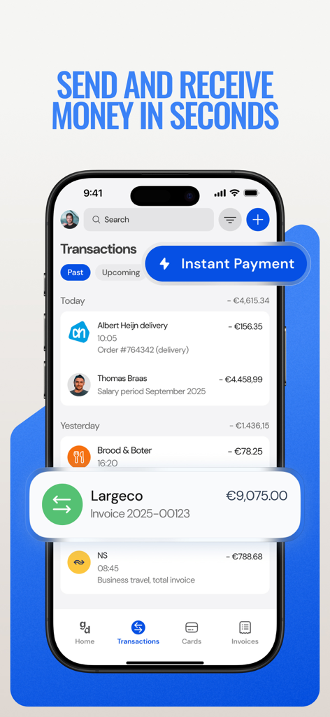 GoDutch Smart Business Account - A mobile interface of the GoDutch app showing a transaction history list with an instant payment badge and business expenses