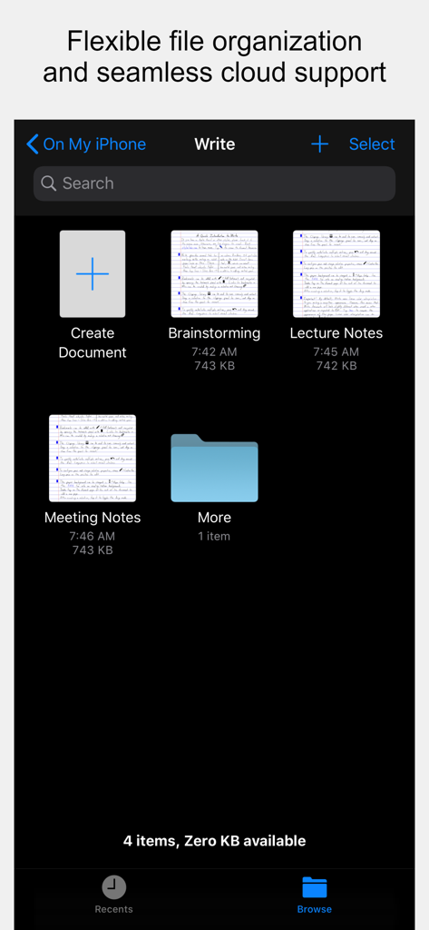 Stylus Labs Write Pro - File management screen in Stylus Labs Write Pro showing folders and thumbnails of handwritten notes for brainstorming and lectures.