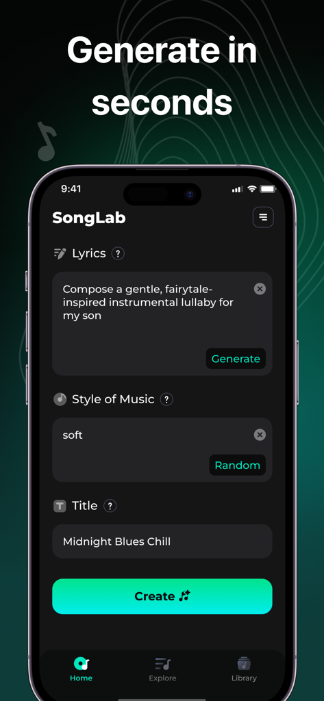 ユーザーが歌詞のスタイルとタイトルを入力して数秒でAIソングを生成できるSongLabアプリ画面を表示するスマートフォン