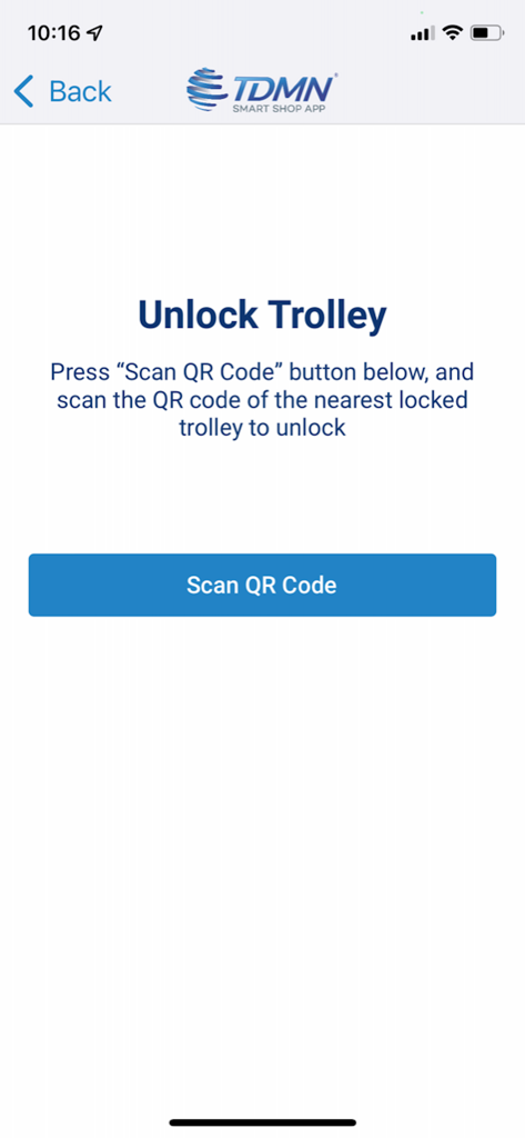 sMart Shop App - Unlock Trolley screen in the sMart Shop App with a Scan QR Code button