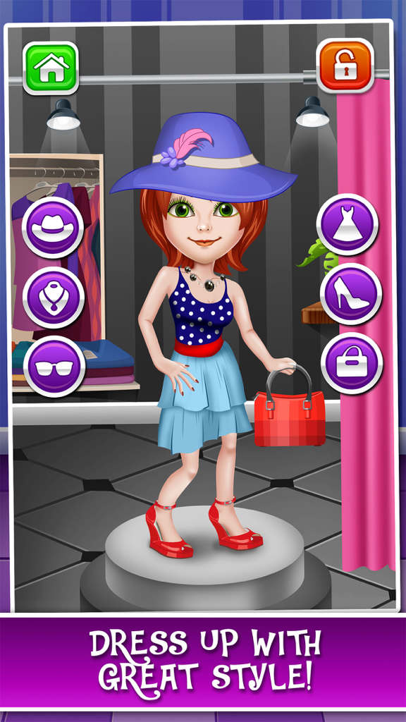 High School Prom Salon: Spa, Makeover, and Make-Up Beauty Game for Little Kids (Boys & Girls) - A cartoon girl character in a dress-up game wearing a blue hat, polka dot top, blue skirt, and red heels while holding a red handbag.