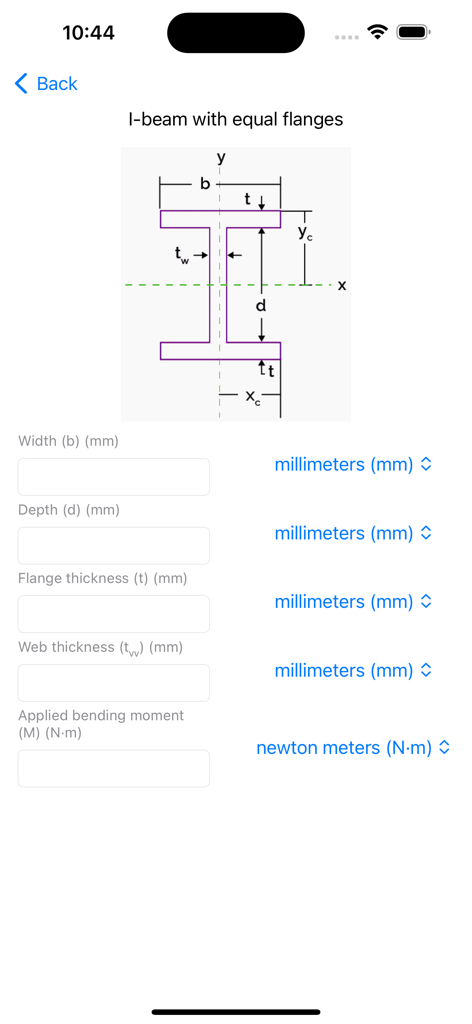 Beam Stress Calculator Beamer - I-beam stress calculation interface with diagram and input fields for width depth and thickness