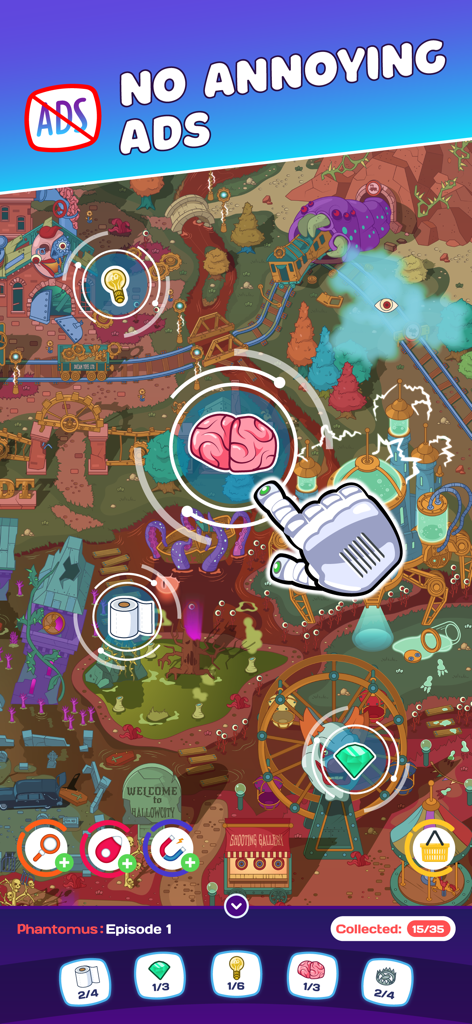 Find It: Spy Hidden Objects - Gameplay screen of Find It Spy Hidden Objects showing a colorful cartoon level and a no ads banner.