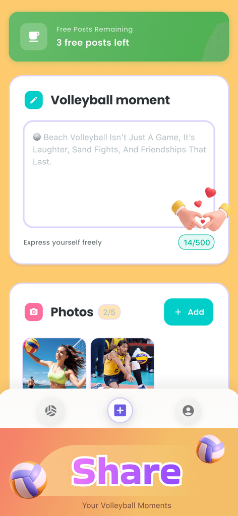 Voiya - Voiya app screen for logging volleyball moments with text and photos