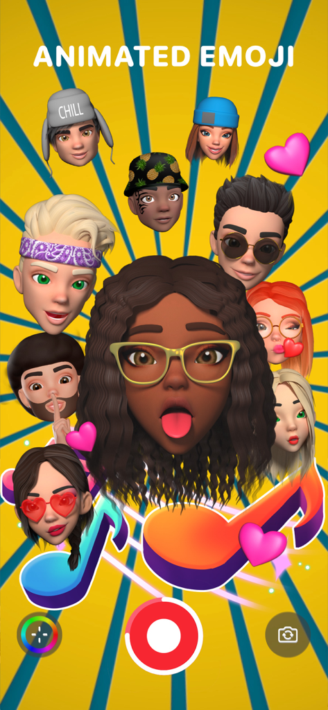 A collection of 3D animated emoji avatars with various styles and accessories on a yellow sunburst background.