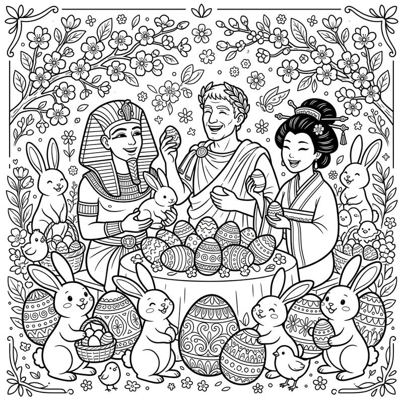 Journey back in time for an incredibly unique Easter celebration! This coloring page brings together iconic ancient rulers with playful bunnies and beautifully decorated eggs for a truly royal springtime scene.