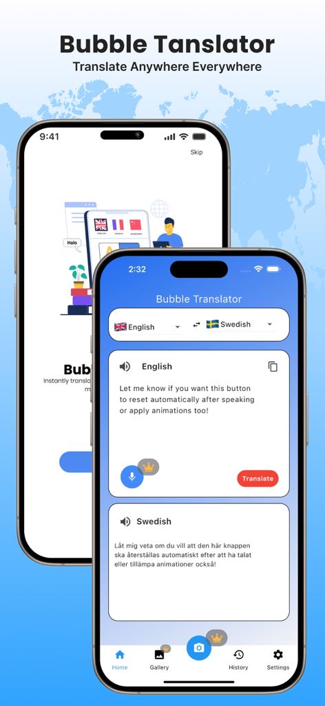 Bubble Translator - Bubble Translator mobile app interface showing English to Swedish text translation on a smartphone screen