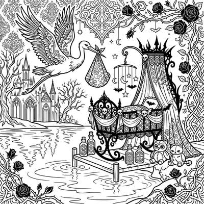 Dive into a wonderfully whimsical and dark celebration with our Gothic Baby Shower by the Lake coloring page. This intricate design blends the joy of a new arrival with an enchanting, mysterious aesthetic, perfect for unique artistic expression.