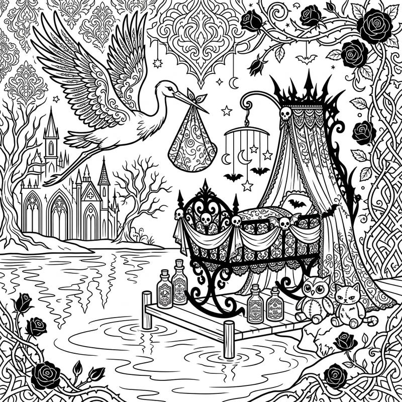 Dive into a wonderfully whimsical and dark celebration with our Gothic Baby Shower by the Lake coloring page. This intricate design blends the joy of a new arrival with an enchanting, mysterious aesthetic, perfect for unique artistic expression.