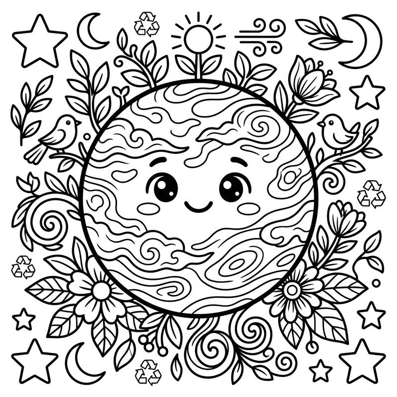 This delightful coloring page introduces toddlers to the concept of Venus, playfully merged with the spirit of Earth Day. Its friendly planet and surrounding nature elements, all with thick lines, are perfect for little artists exploring our solar system and environmental care.