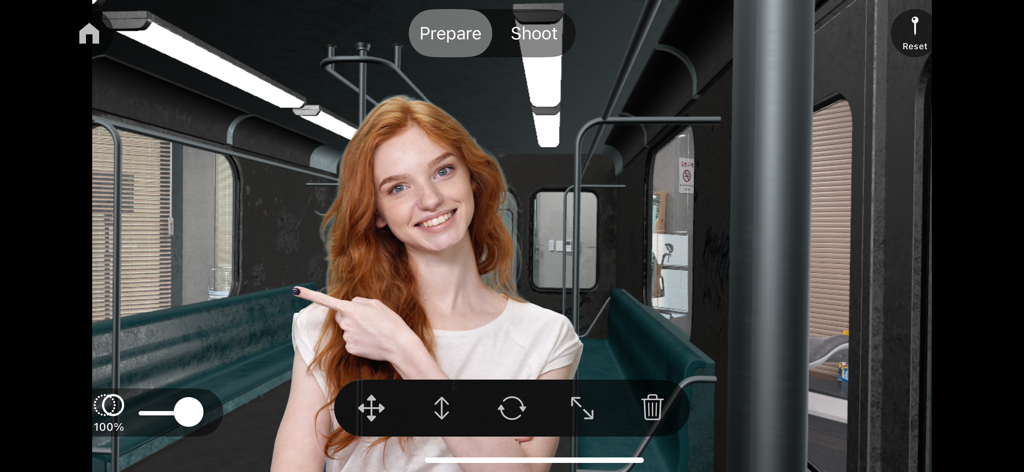 Beeble Camera - A woman in a virtual train car setting within the Beeble Camera app interface showing editing tools for virtual production