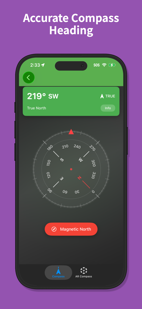 Physics Toolbox Sensor Suite - 南西219度の正確なコンパス方位インターフェースを表示しているPhysics Toolbox Sensor Suiteアプリ