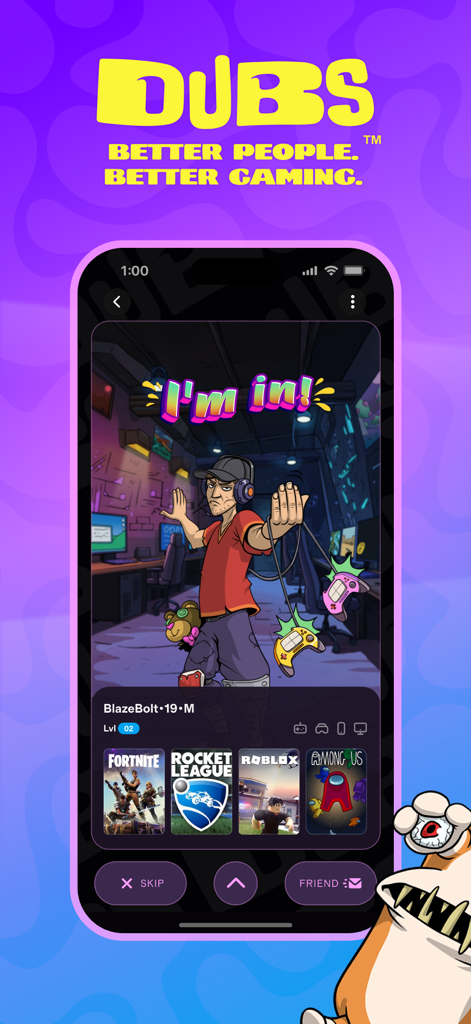 DUBS – Find Gaming Friends - A user profile in the DUBS app featuring a gamer illustration and icons for Fortnite Rocket League Roblox and Among Us with options to skip or friend