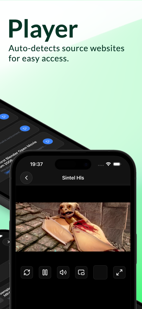 KofuPlayer mobile interface showing video playback and smart source detection features in dark mode.