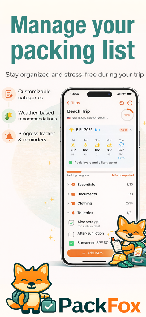 PackFox - Smart Packing Lists - iPhone-Bildschirm, der die PackFox-App mit einer Packliste für Strandreisen und Wetterempfehlungen zeigt.