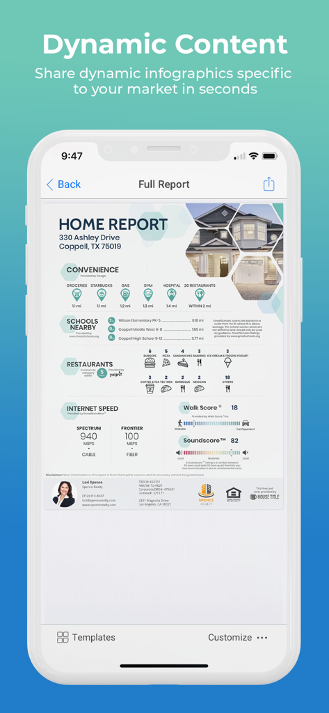 FidelityAgent ONE - A dynamic real estate home report infographic showing local neighborhood data including schools, amenities, and transit scores.