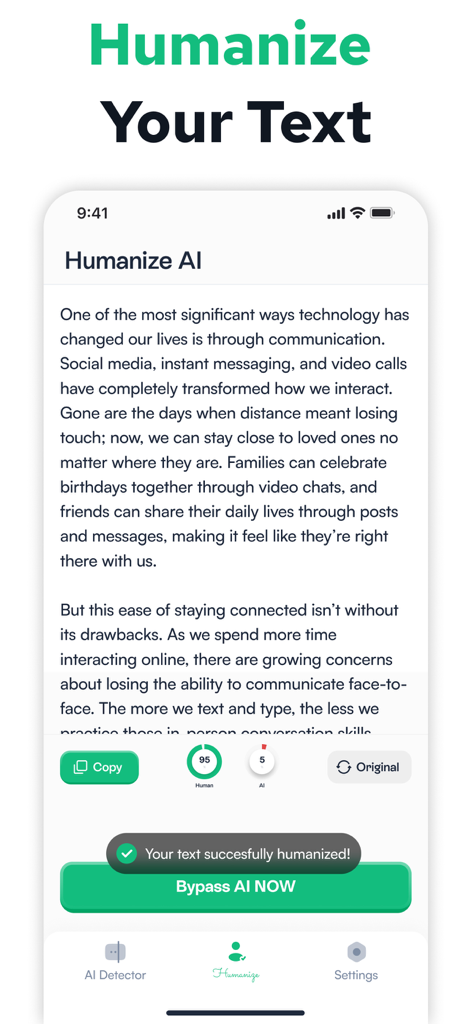 Undetectable AI - AI Detector - Écran de l'application Undetectable AI montrant du texte humanisé avec un score humain élevé