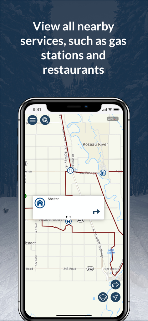 VT VAST app trail map displaying nearby gas stations and restaurants