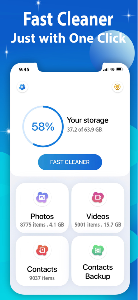 Boost Cleaner -Clean Up Smart° - Boost Cleaner mobile app interface displaying storage usage percentage and quick cleaning options for photos videos and contacts
