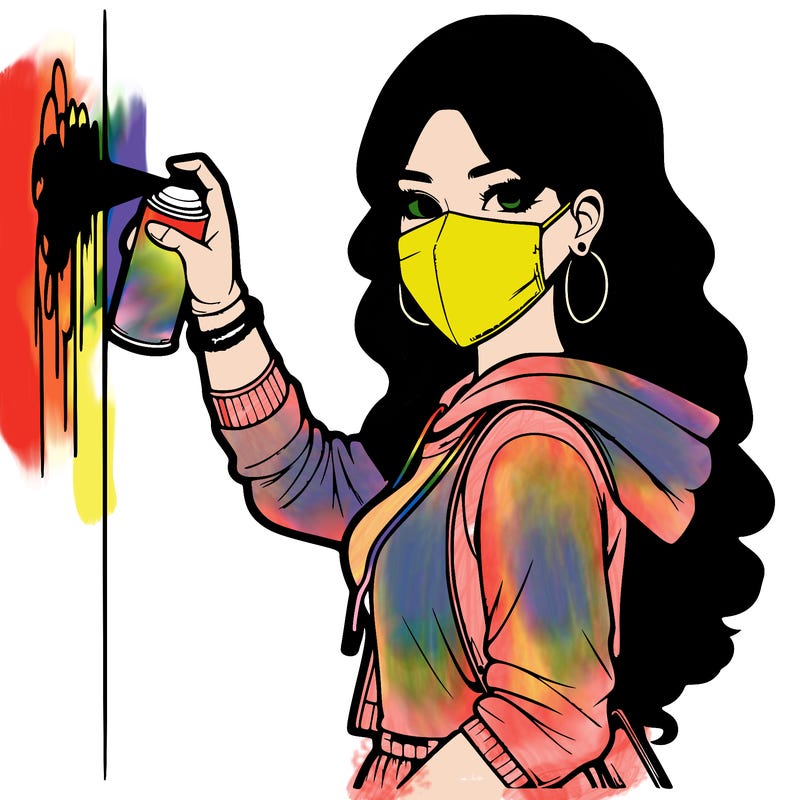 realistic girl with mask spray painting a wall