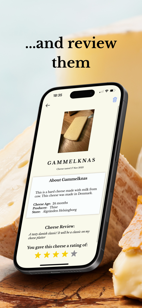 Good Cheese - A mobile screen showing a detailed cheese review for Gammelknas with a 4-star rating on the Good Cheese app