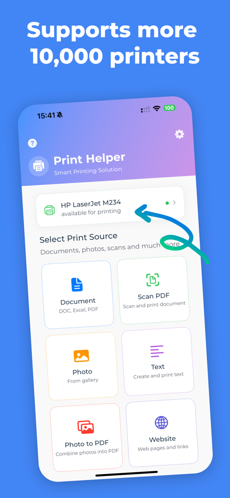 Print Helper App - Panel de la aplicación Print Helper mostrando la selección de la impresora y varias fuentes de impresión como documentos y fotos