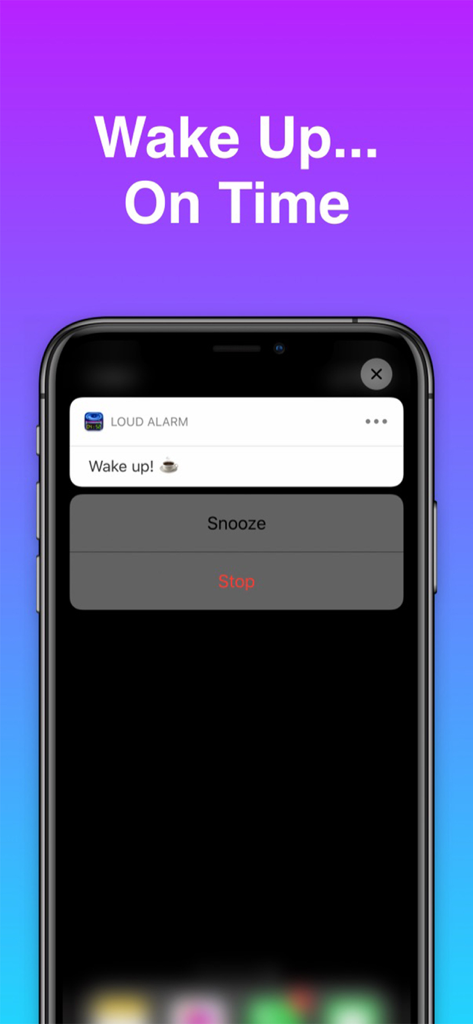 Loud Alarm Clock LOUDEST Sleep - Smartphone screen showing a loud alarm notification with snooze and stop options